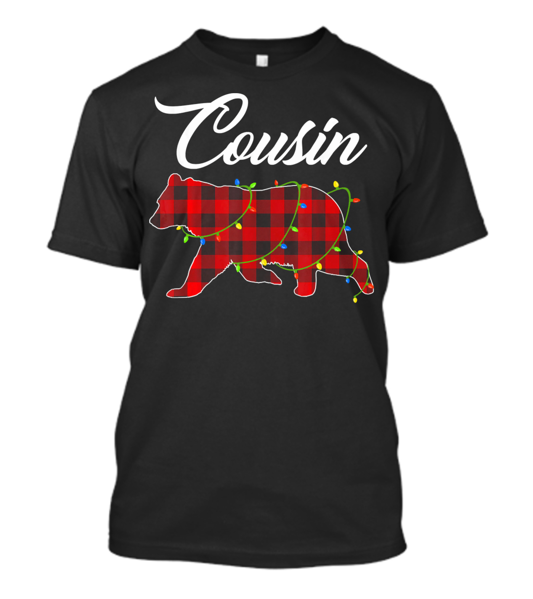 Cousin Red Plaid Bear With Holiday Lights Buffalo Matching T-Shirt