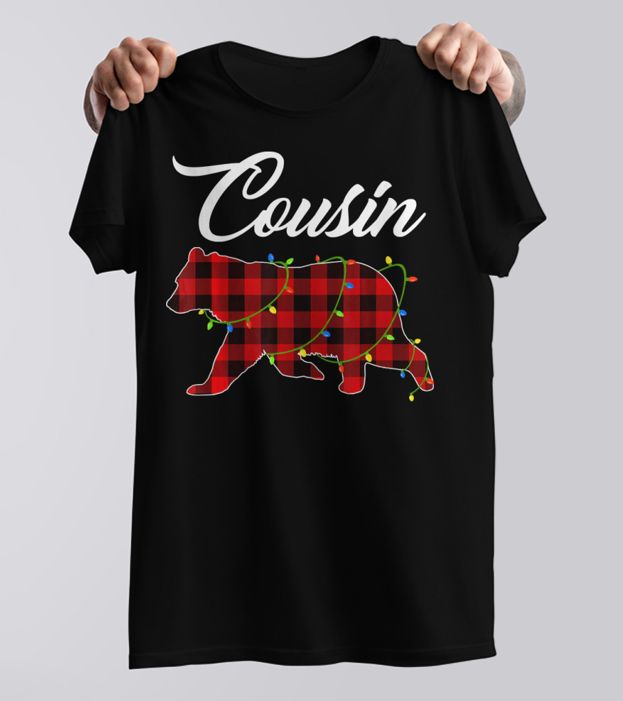 Cousin Red Plaid Bear With Holiday Lights Buffalo Matching T-Shirt