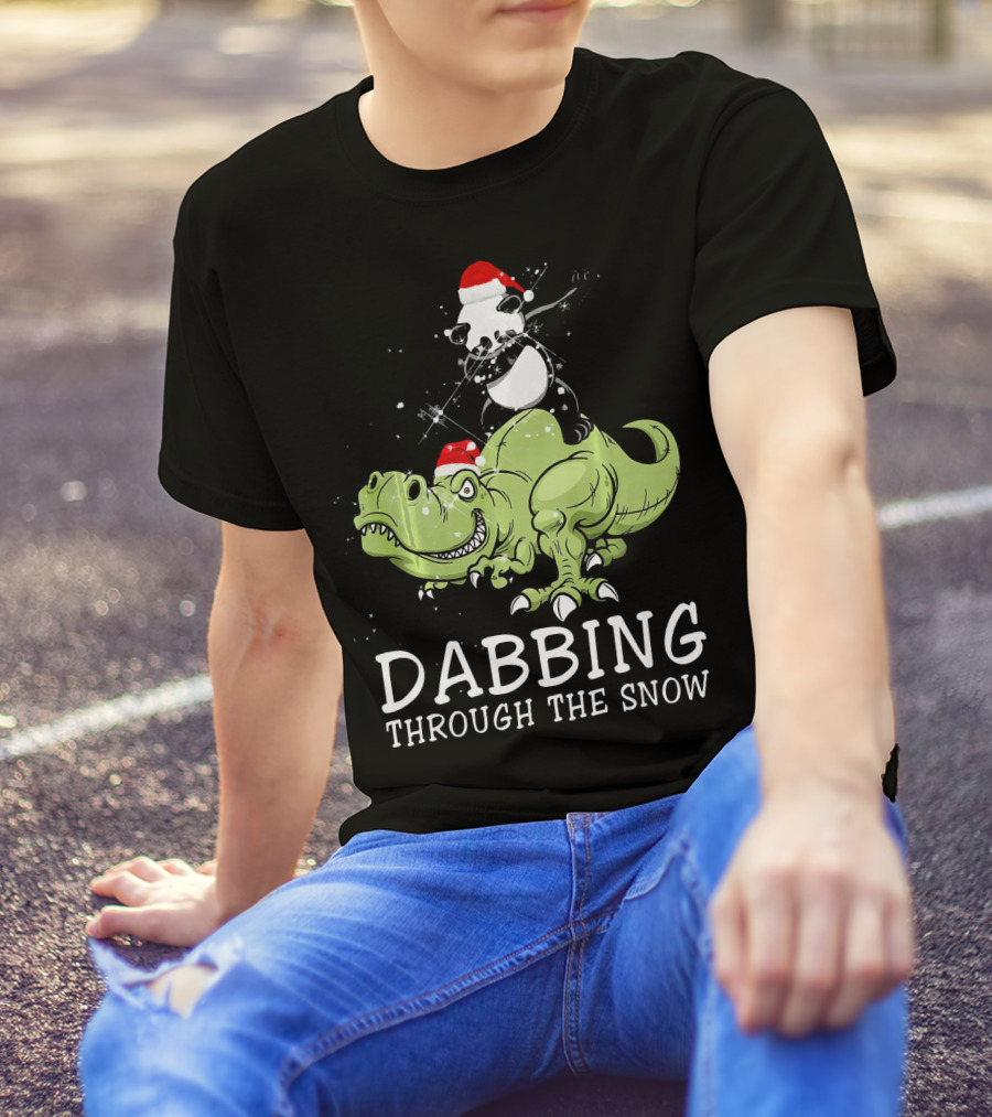 Dabbing Through The Snow Panda In Santa Hat Riding Dinosaur T-Shirt