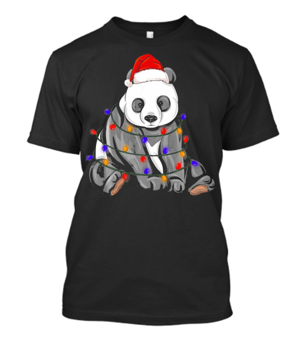 Panda Wrapped In Christmas Lights With Santa Hat Holiday T-Shirt