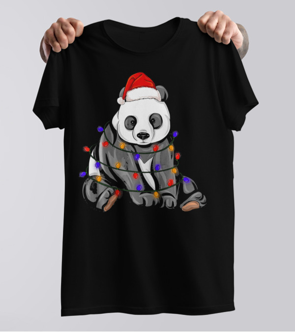 Panda Wrapped In Christmas Lights With Santa Hat Holiday T-Shirt