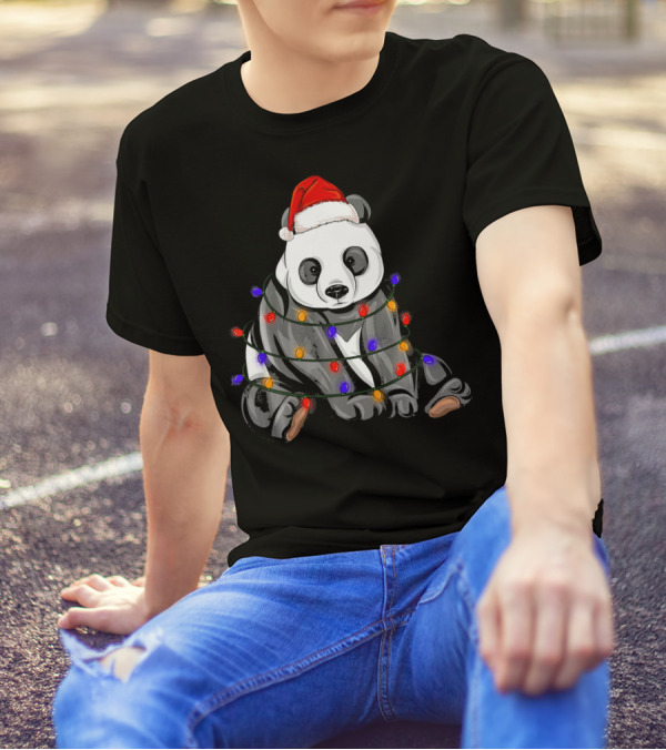 Panda Wrapped In Christmas Lights With Santa Hat Holiday T-Shirt