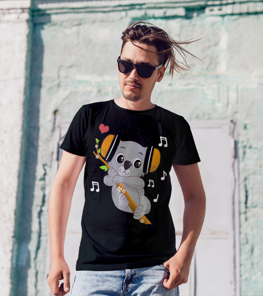 Music Lover Koala Bear With Headphones Heart And Musical Notes T-Shirt