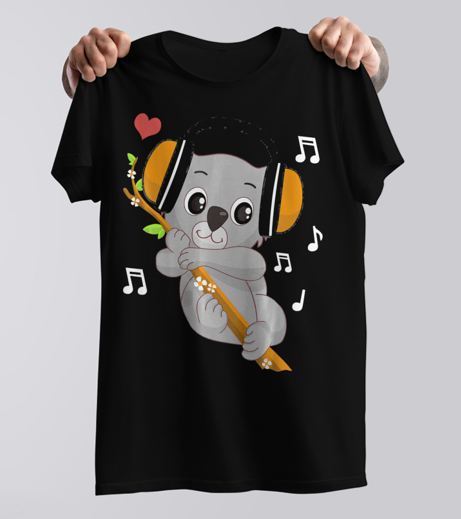Music Lover Koala Bear With Headphones Heart And Musical Notes T-Shirt