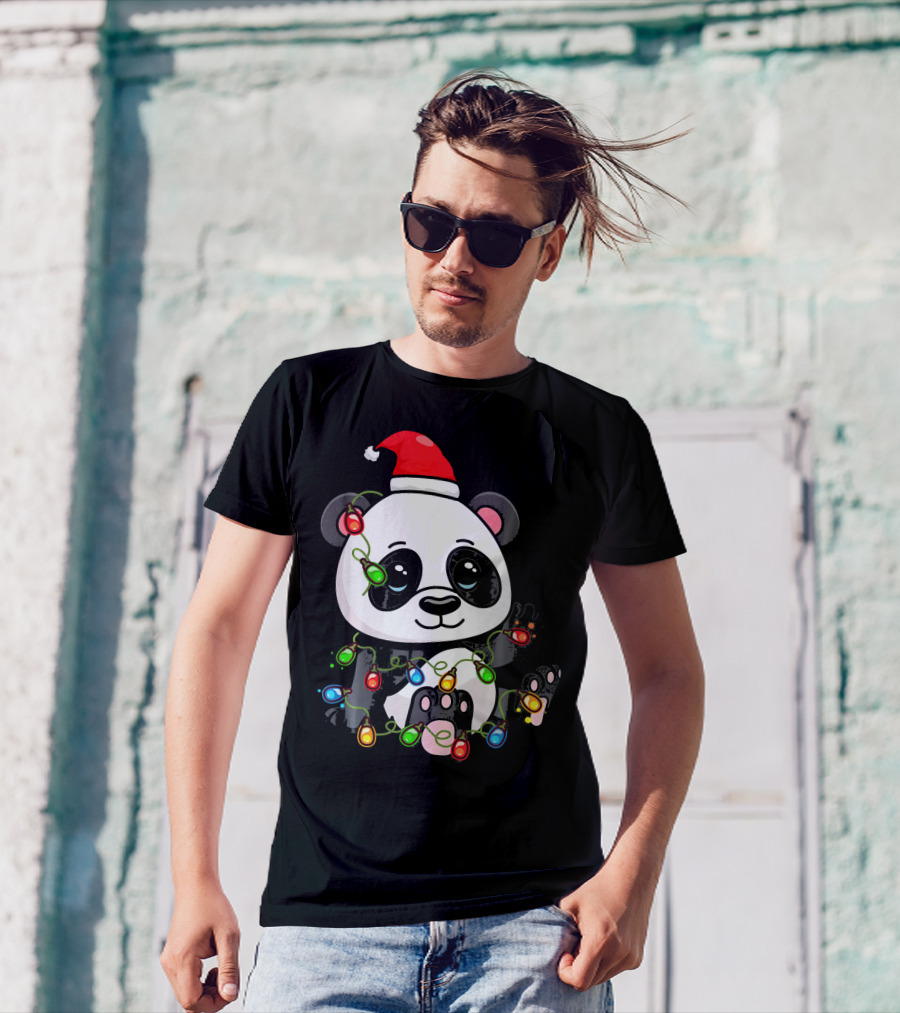 Panda Bear Santa Entangled In Christmas Lights T-Shirt