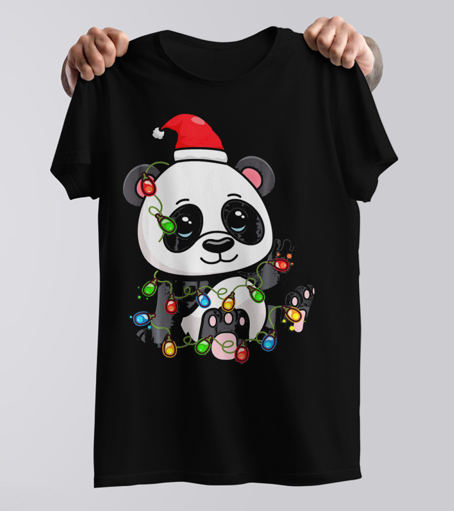 Panda Bear Santa Entangled In Christmas Lights T-Shirt