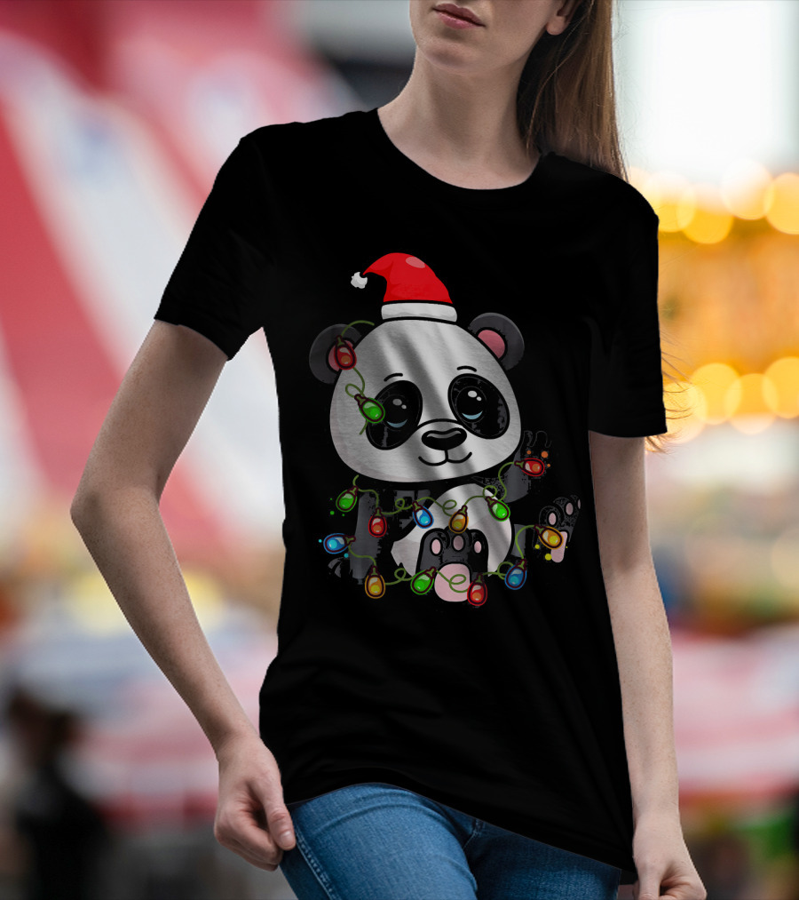 Panda Bear Santa Entangled In Christmas Lights T-Shirt