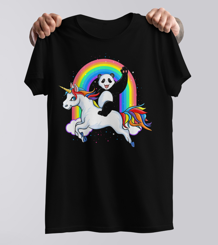 Panda Riding Unicorn Pandicorn Rainbow Waves T-Shirt
