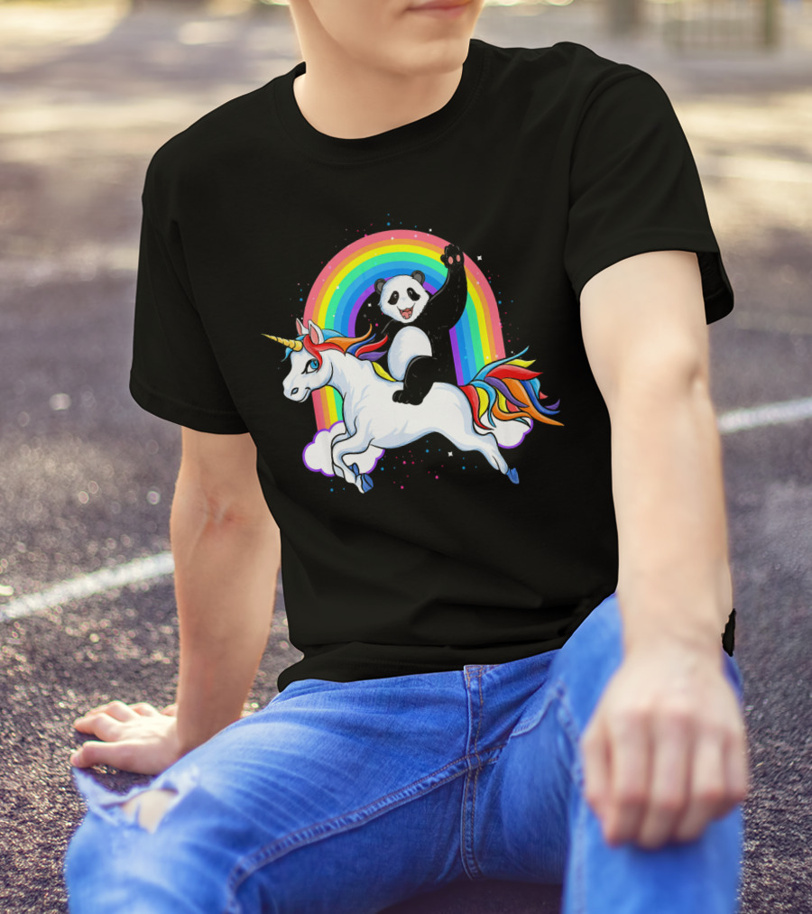 Panda Riding Unicorn Pandicorn Rainbow Waves T-Shirt