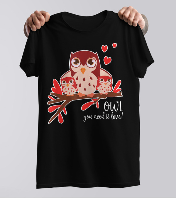 OWL You Need Is Love Heart Trio With Owls On Branch T-Shirt