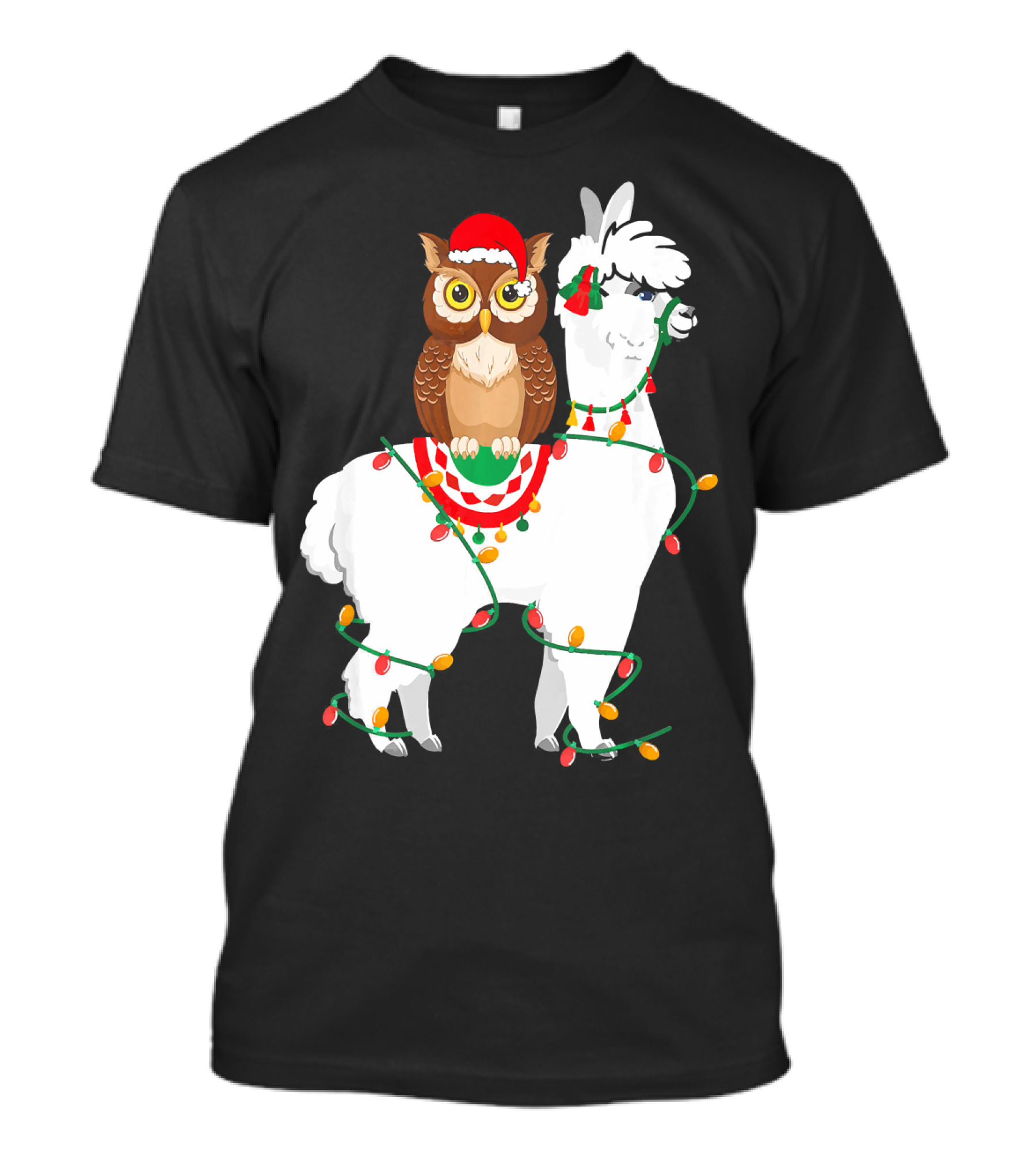 Owl Riding Llama Christmas Lights Santa Hat T-Shirt