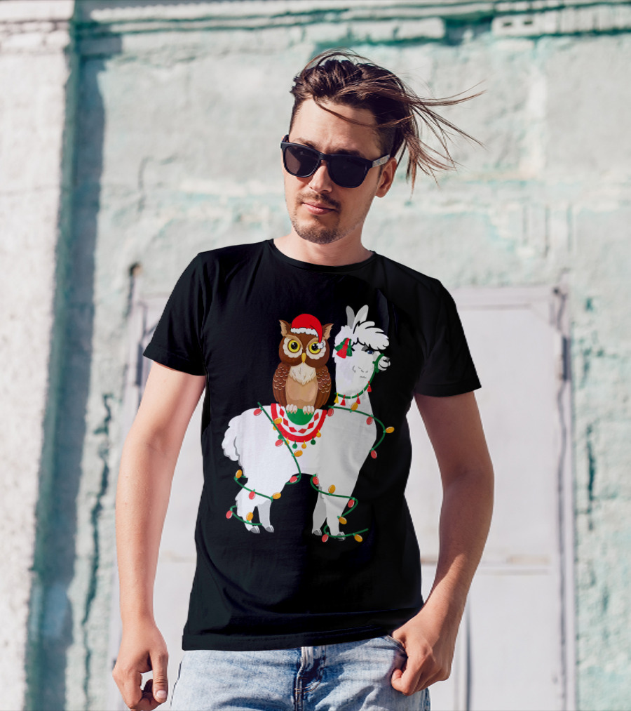 Owl Riding Llama Christmas Lights Santa Hat T-Shirt