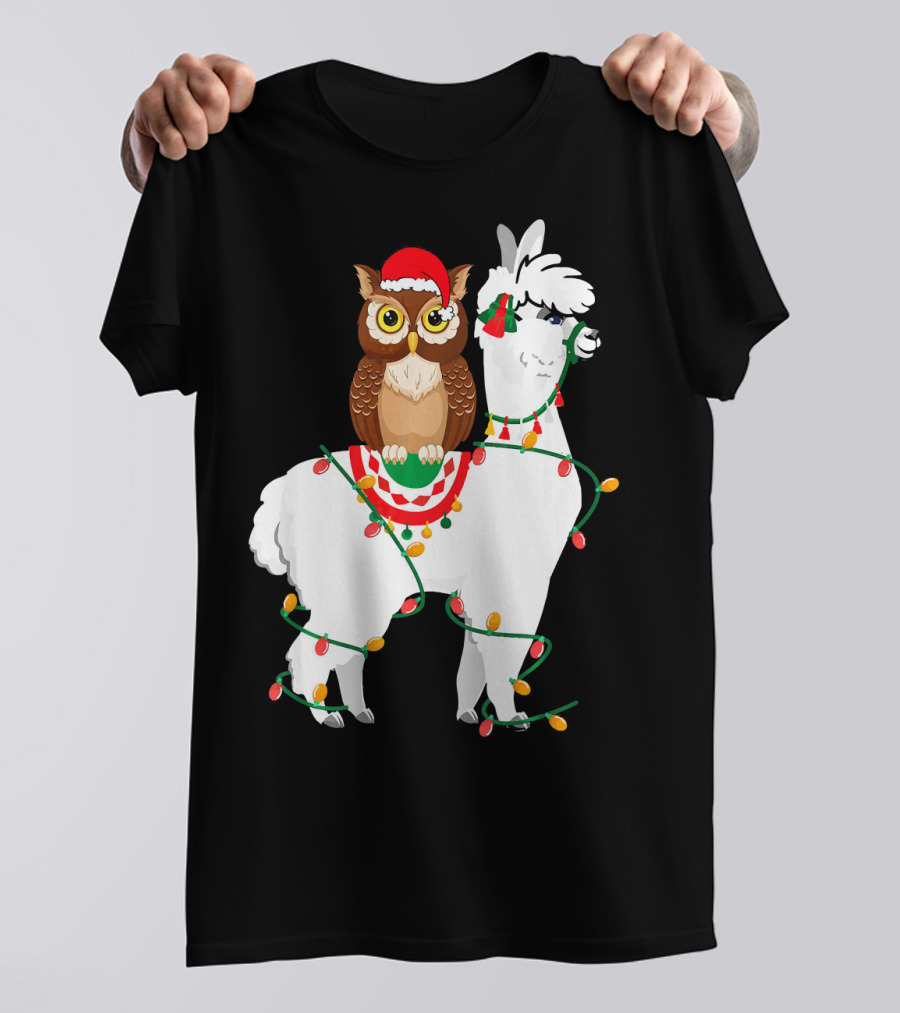 Owl Riding Llama Christmas Lights Santa Hat T-Shirt