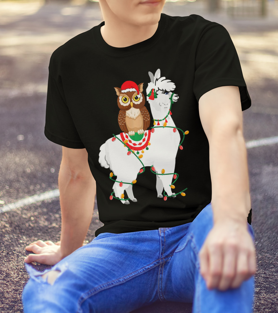 Owl Riding Llama Christmas Lights Santa Hat T-Shirt