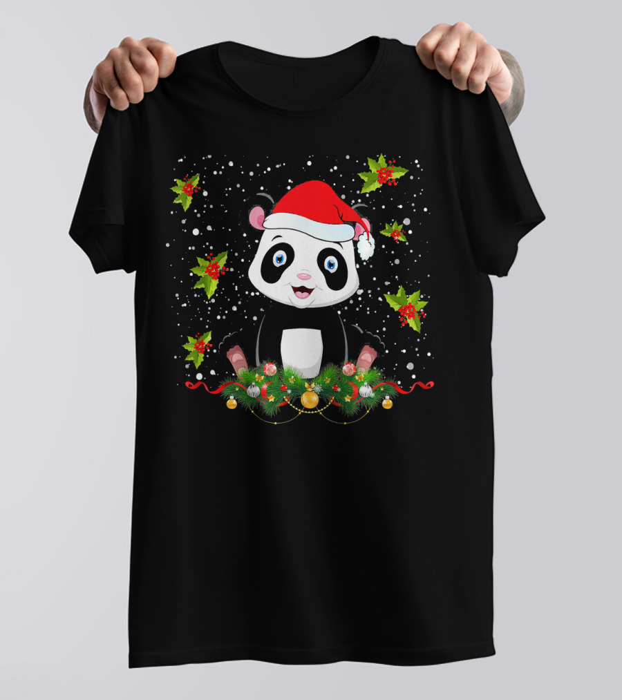 Merry Christmas Panda Bear Snow Santa Hat Fun T-Shirt