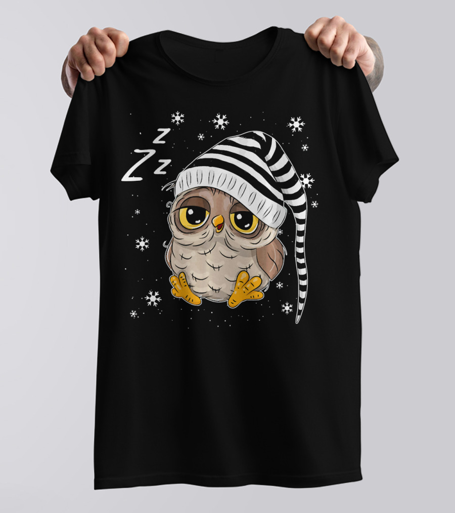 Sleepy Owl Santa Christmas With Striped Hat T-Shirt
