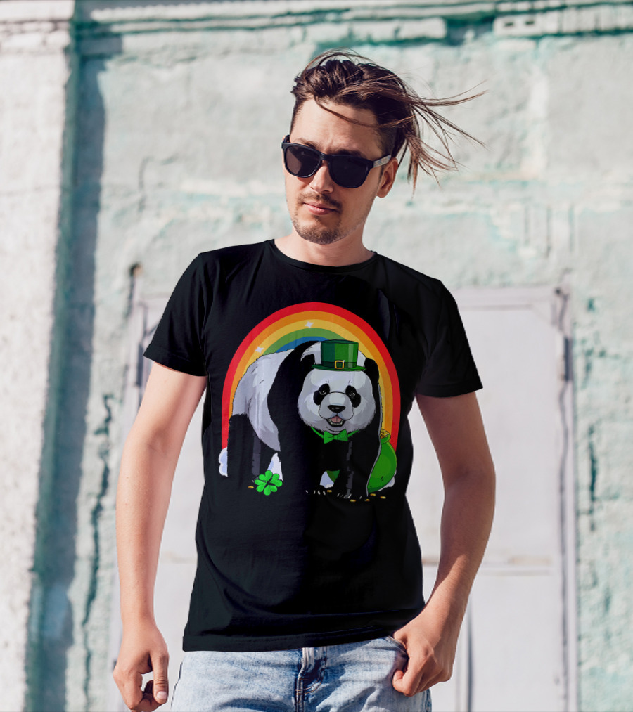 Cute Panda Bear Leprechaun Stands With Rainbow And Shamrock T-Shirt