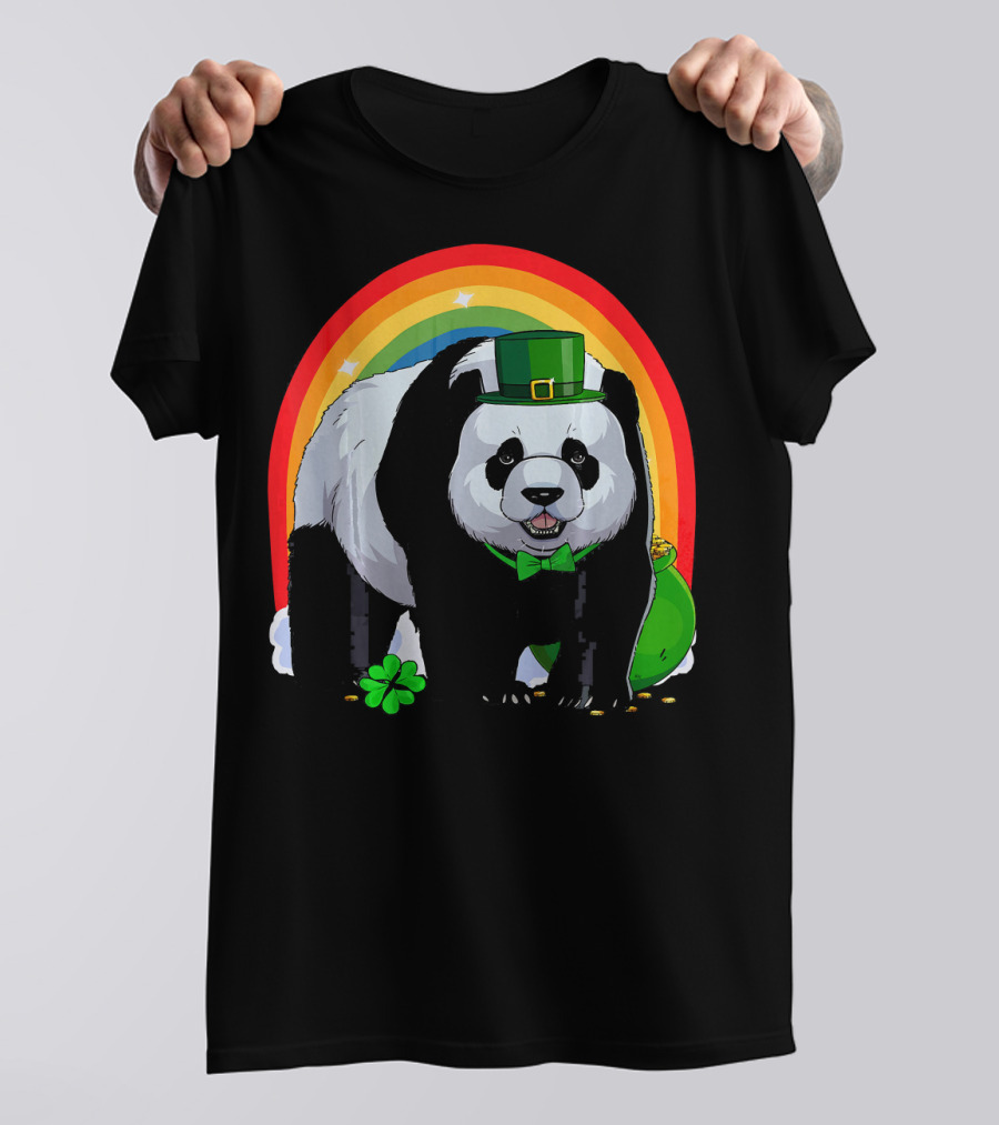 Cute Panda Bear Leprechaun Stands With Rainbow And Shamrock T-Shirt