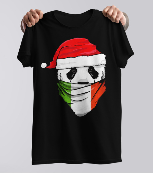 Panda Wearing Santa Hat With Italian Flag Bandana T-Shirt
