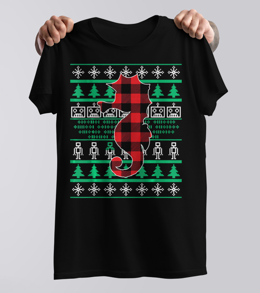 Red Plaid Seahorse Christmas Funny Ugly T-Shirt