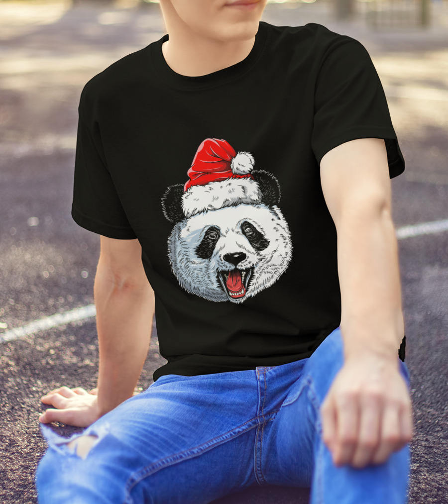 Funny Panda Christmas Santa Hat Festive Xmas Boy T-Shirt