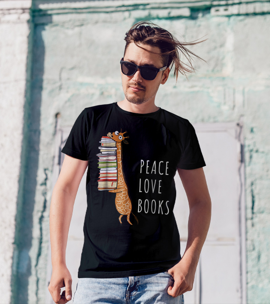 Peace Love Books Cute Giraffe With Bookworm T-Shirt