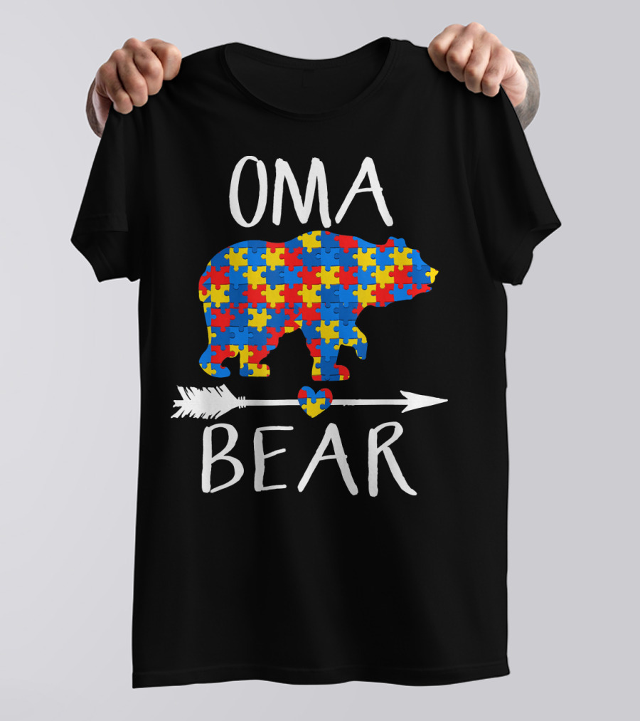 Oma Bear Puzzle Piece Heart Arrow Autism Awareness T-Shirt