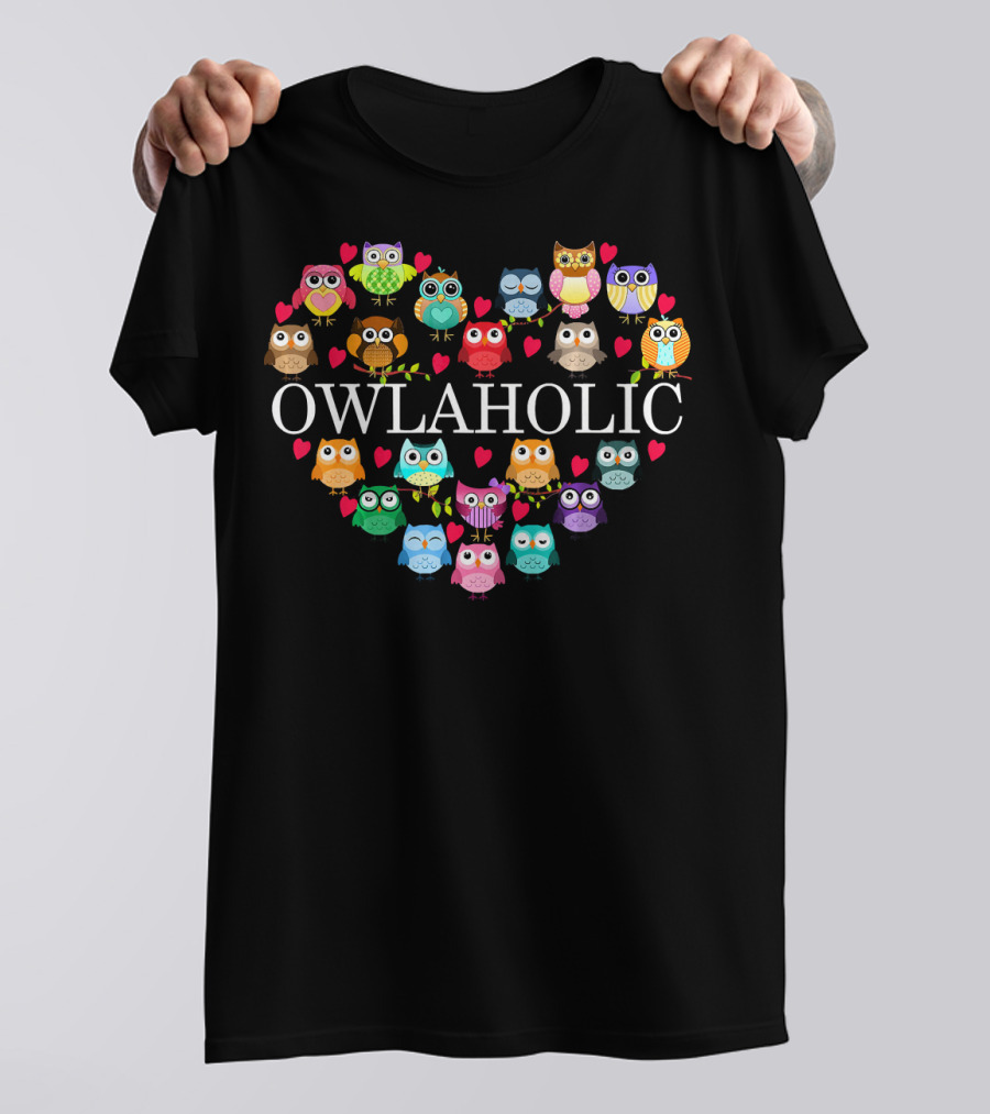 OWLAHOLIC Heart Shaped Colorful Owls And Hearts T-Shirt