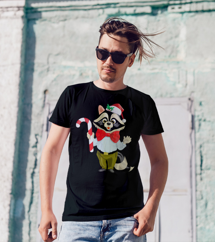 Raccoon Christmas Santa Hat Candy Cane Wild Trash Panda Spirit T-Shirt