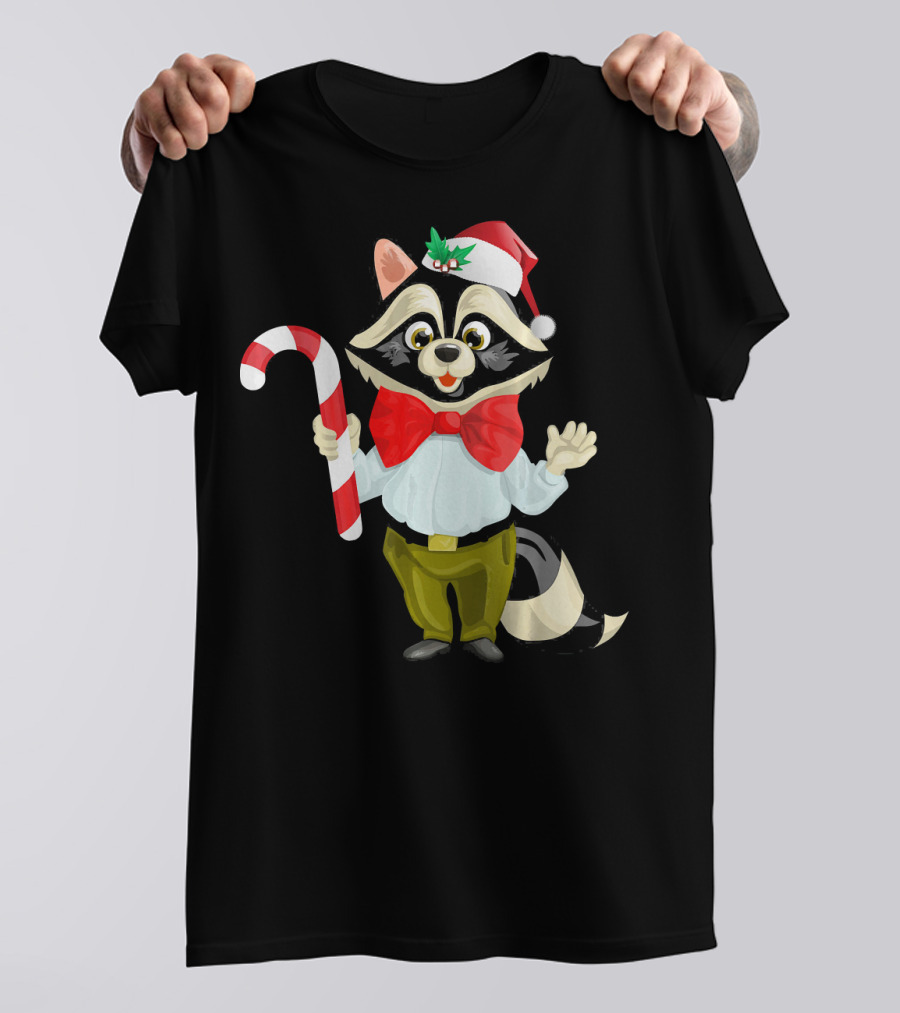 Raccoon Christmas Santa Hat Candy Cane Wild Trash Panda Spirit T-Shirt
