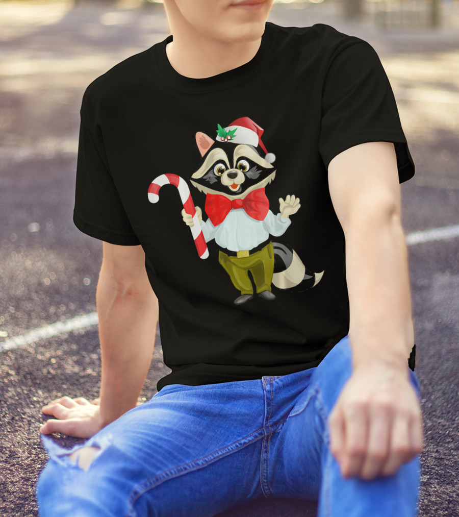 Raccoon Christmas Santa Hat Candy Cane Wild Trash Panda Spirit T-Shirt