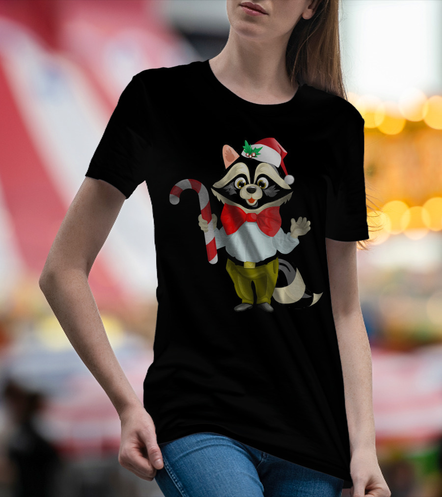 Raccoon Christmas Santa Hat Candy Cane Wild Trash Panda Spirit T-Shirt