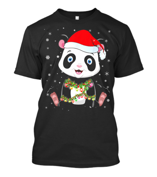 Panda Bear Light Christmas Santa Hat Snowflakes Garland T-Shirt