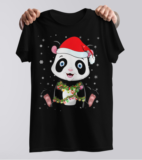 Panda Bear Light Christmas Santa Hat Snowflakes Garland T-Shirt