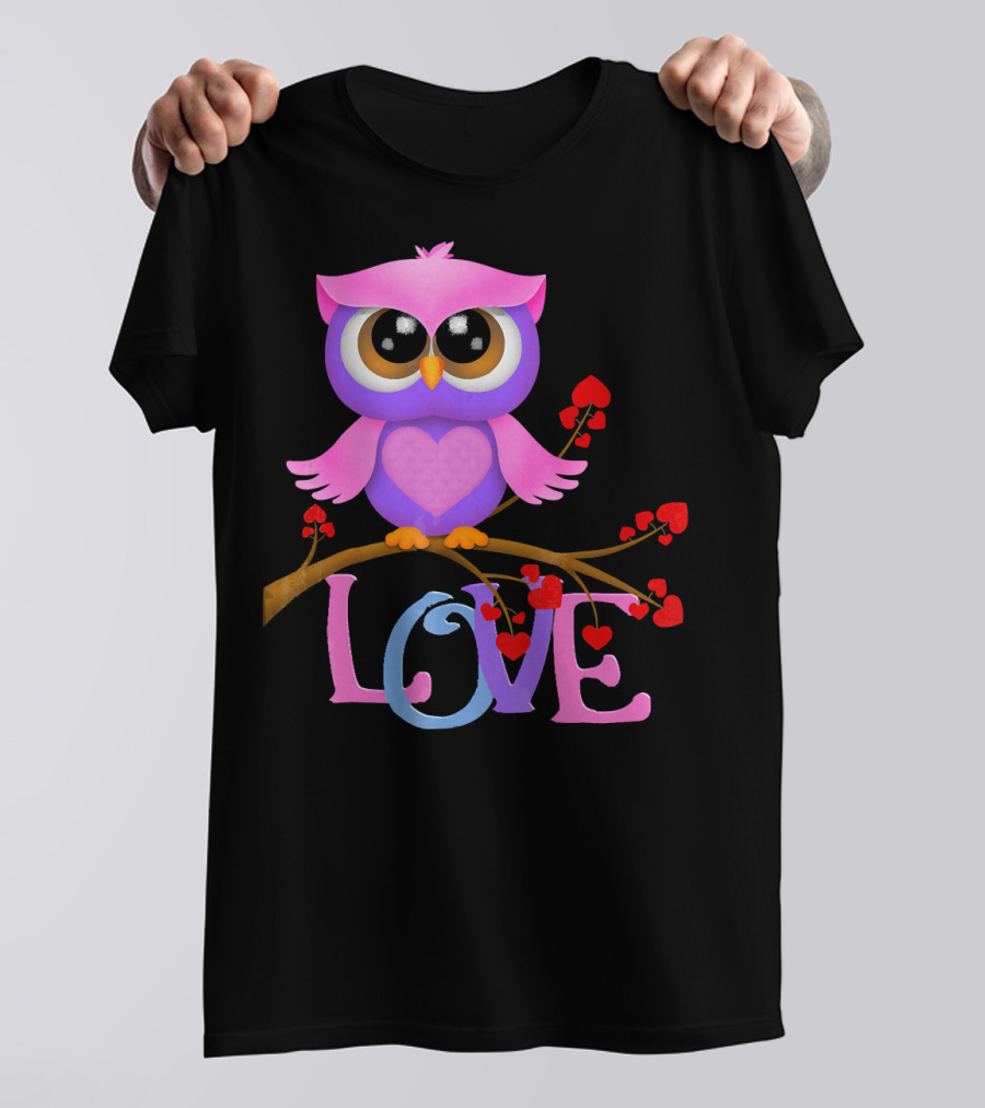 Pink Purple Owl With Hearts And Love Text T-Shirt