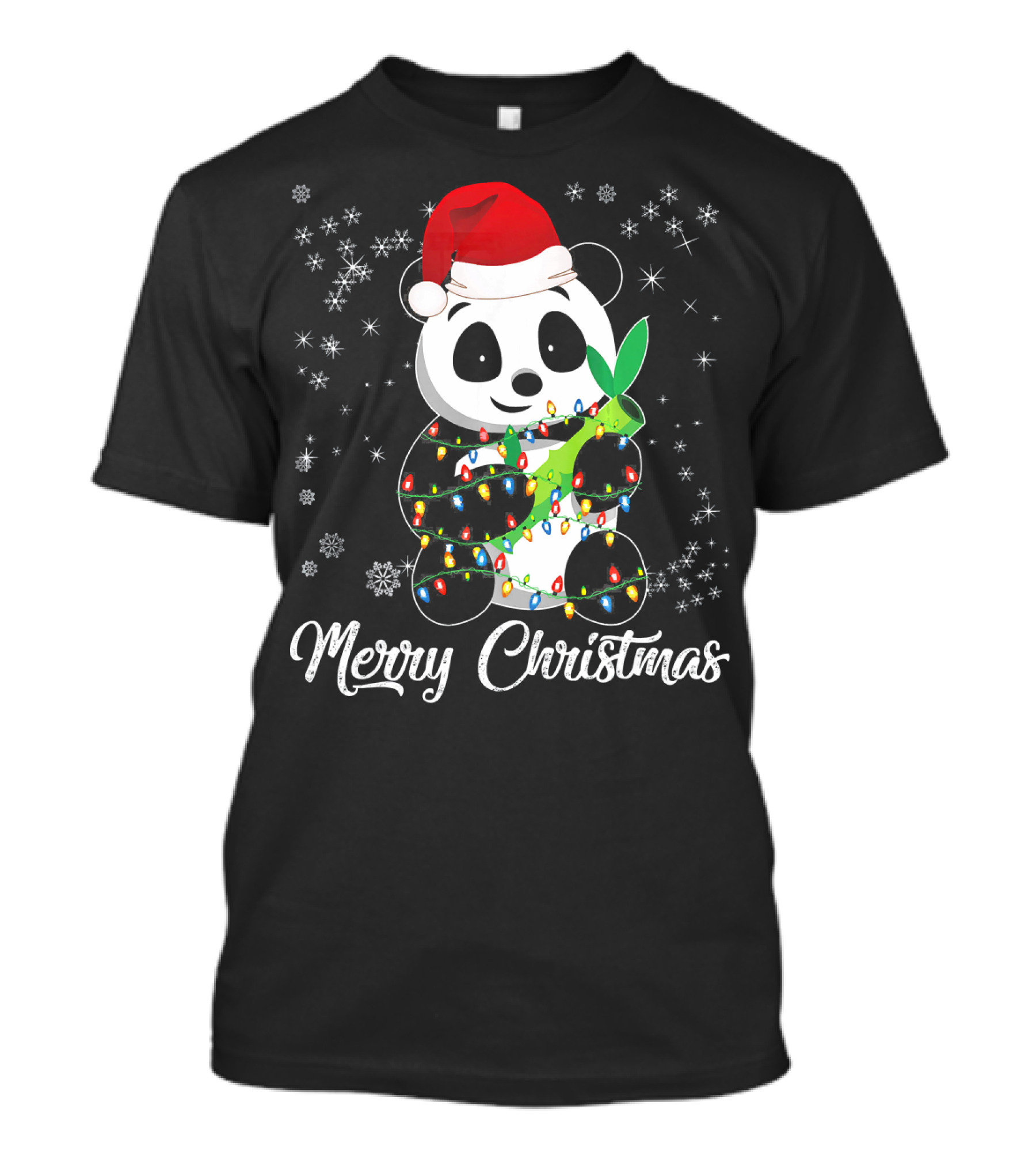 Merry Christmas Panda Santa With Festive Lights And Snowflakes T-Shirt
