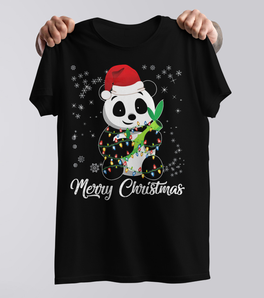 Merry Christmas Panda Santa With Festive Lights And Snowflakes T-Shirt