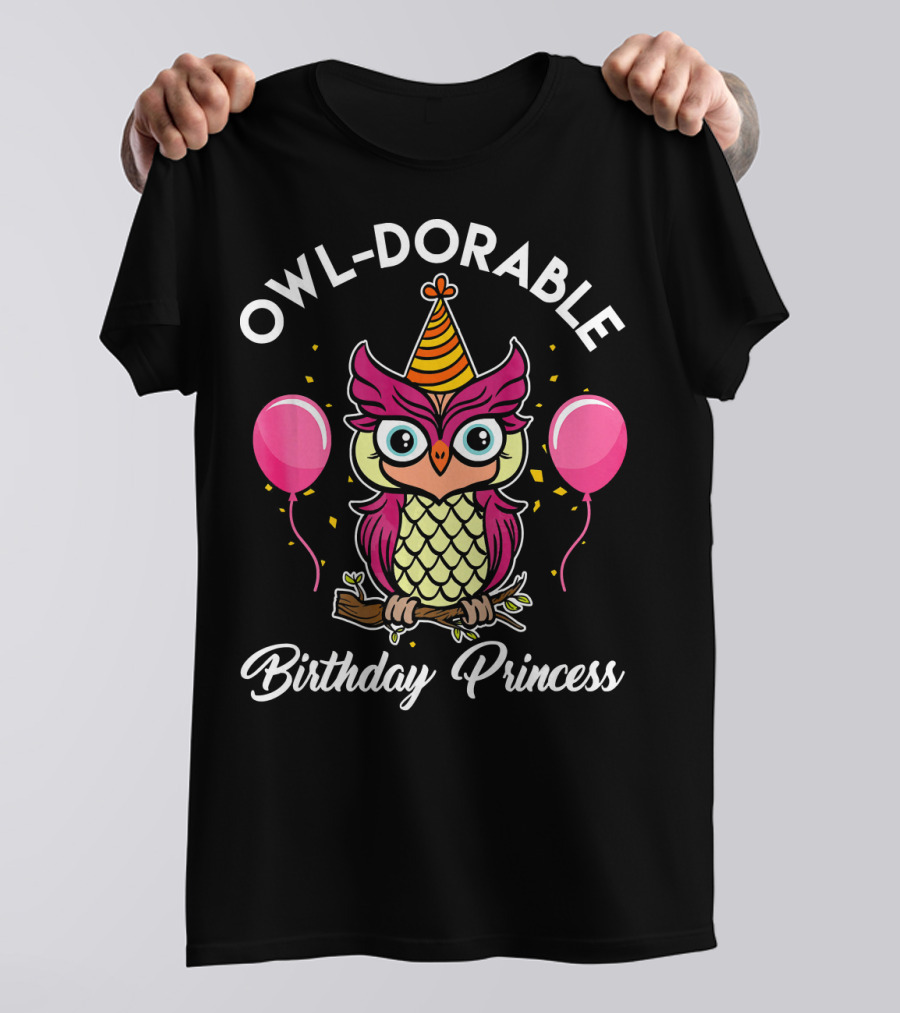 OWL-DORABLE Birthday Princess Owl With Party Hat And Balloons T-Shirt