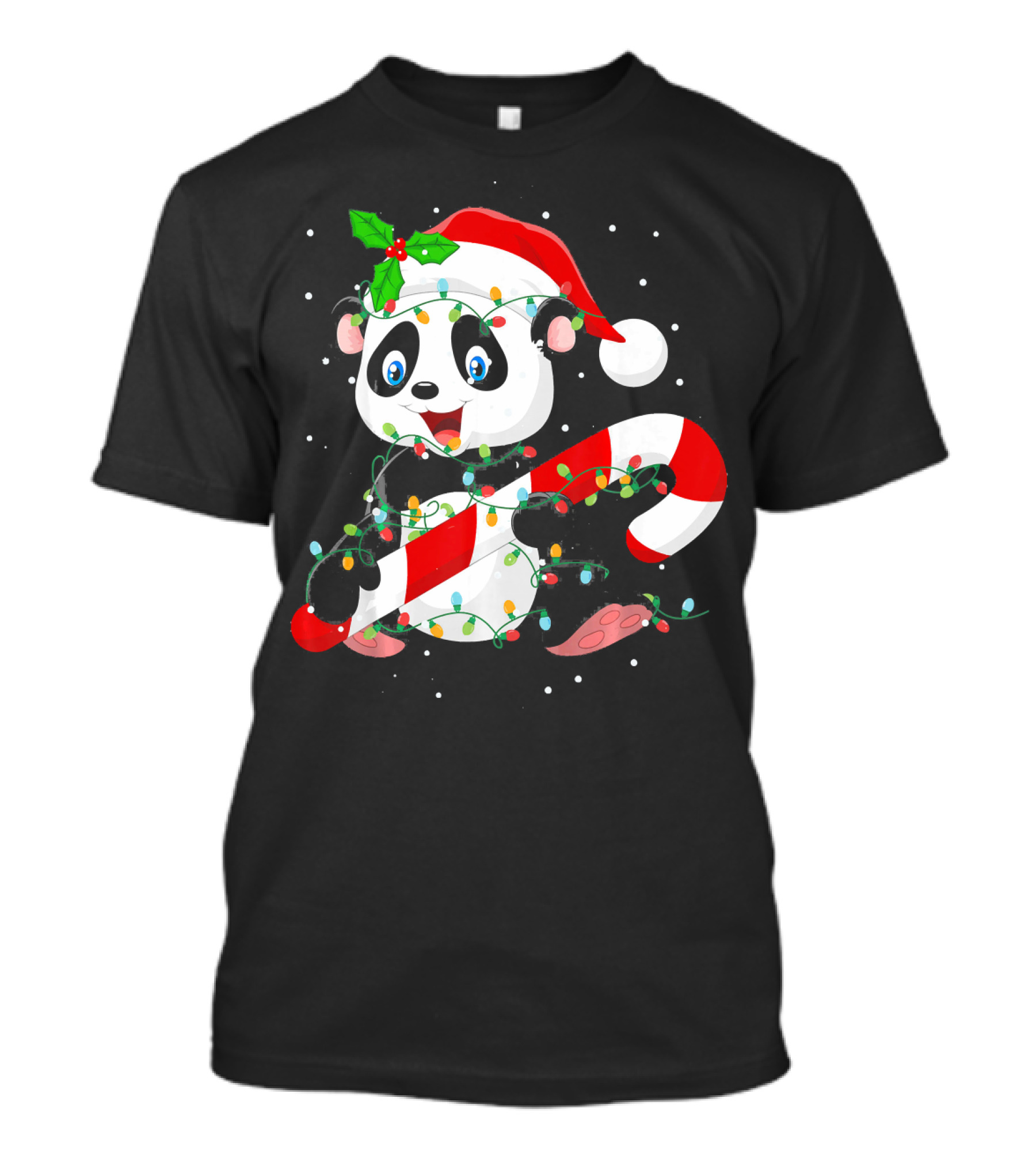 Panda Wrapped In Christmas Tree Lights With Santa Hat And Candy Cane T-Shirt