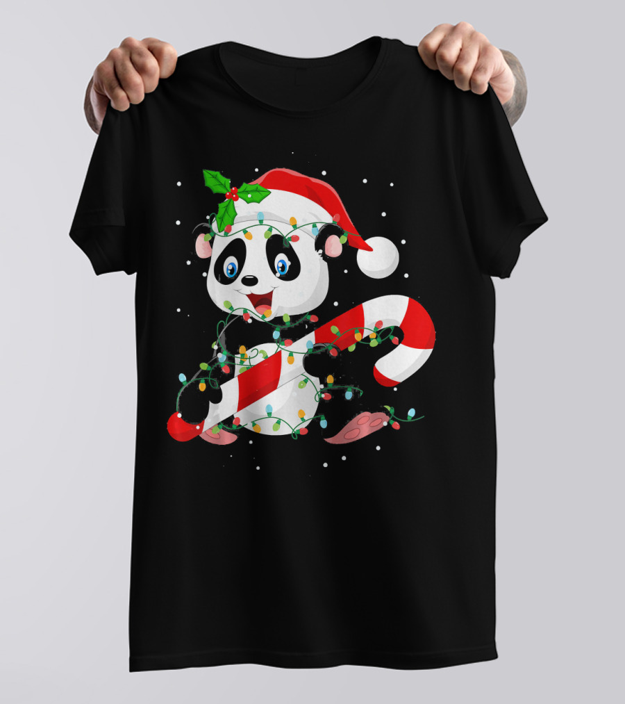 Panda Wrapped In Christmas Tree Lights With Santa Hat And Candy Cane T-Shirt