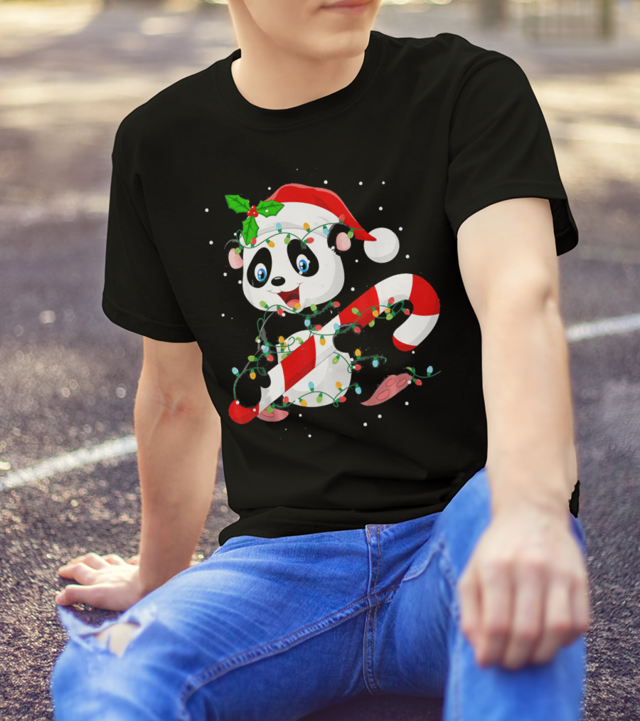 Panda Wrapped In Christmas Tree Lights With Santa Hat And Candy Cane T-Shirt