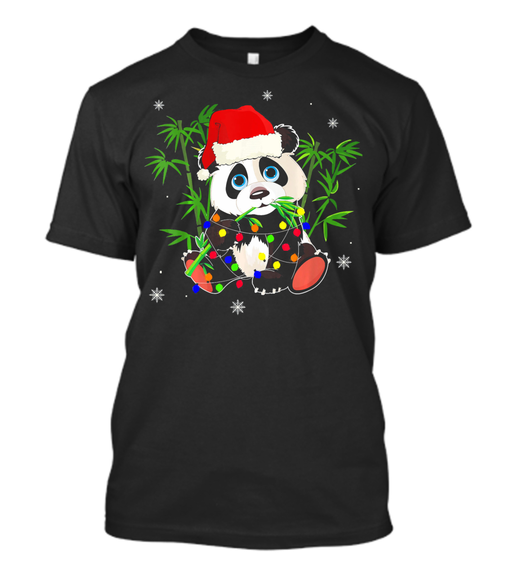 Panda In Santa Hat With Christmas Lights And Bamboo Snowflakes T-Shirt