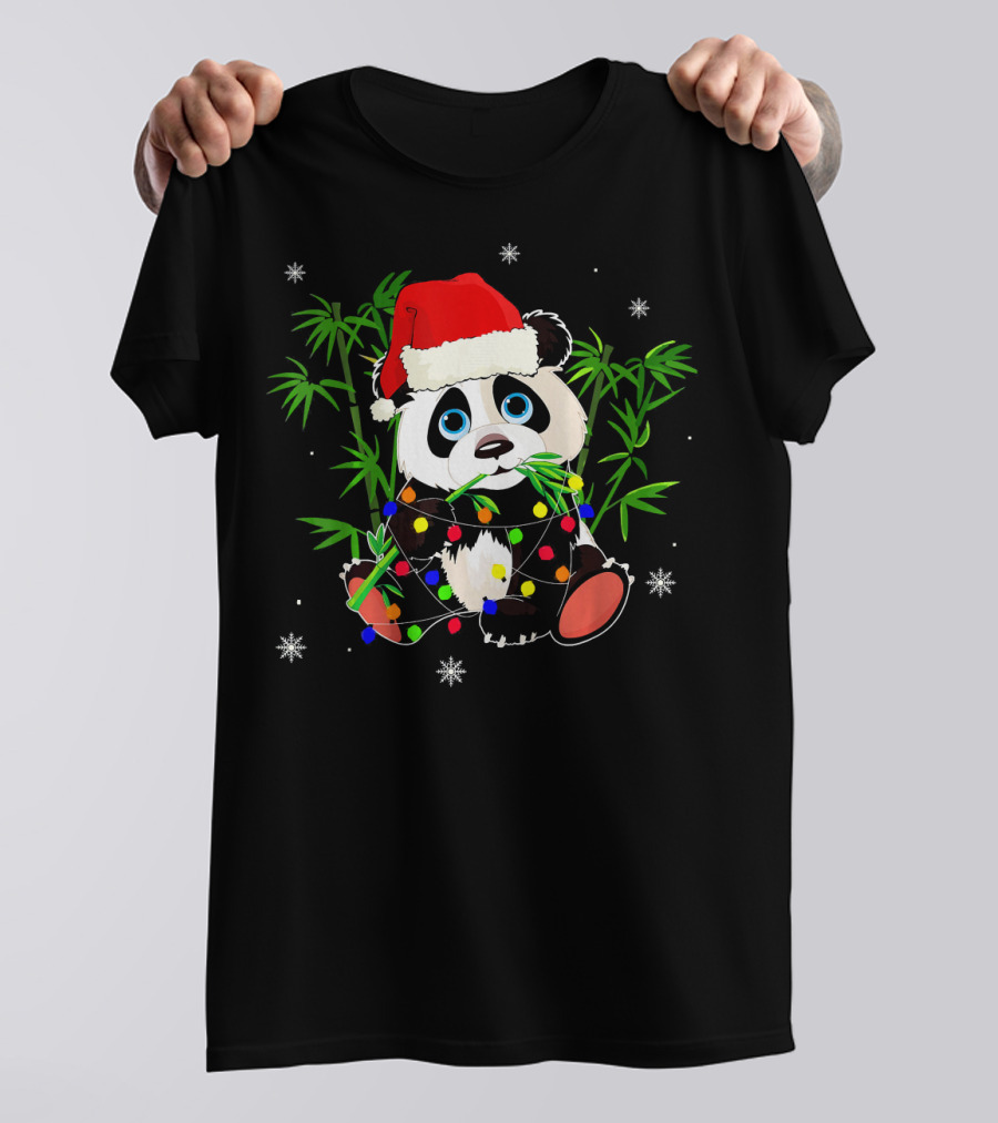 Panda In Santa Hat With Christmas Lights And Bamboo Snowflakes T-Shirt