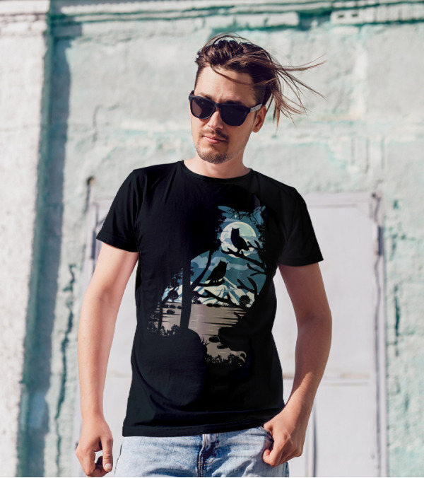 Owl Nature Mountain Moon Night Silhouette Scene T-Shirt