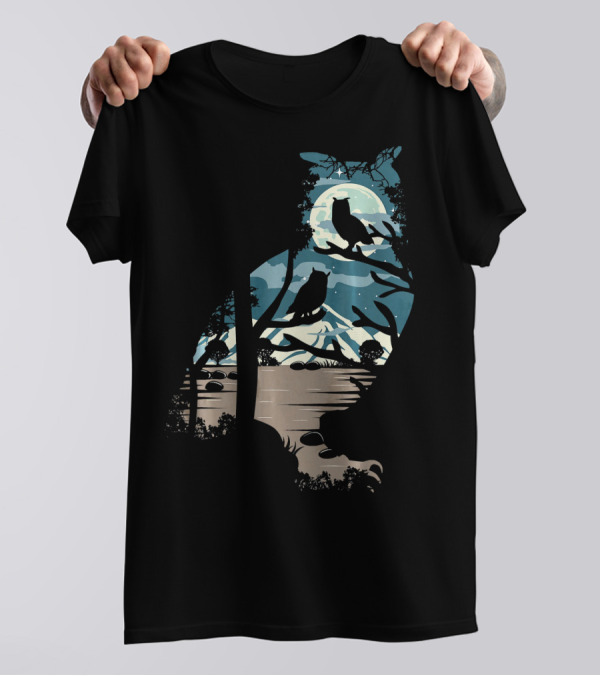 Owl Nature Mountain Moon Night Silhouette Scene T-Shirt