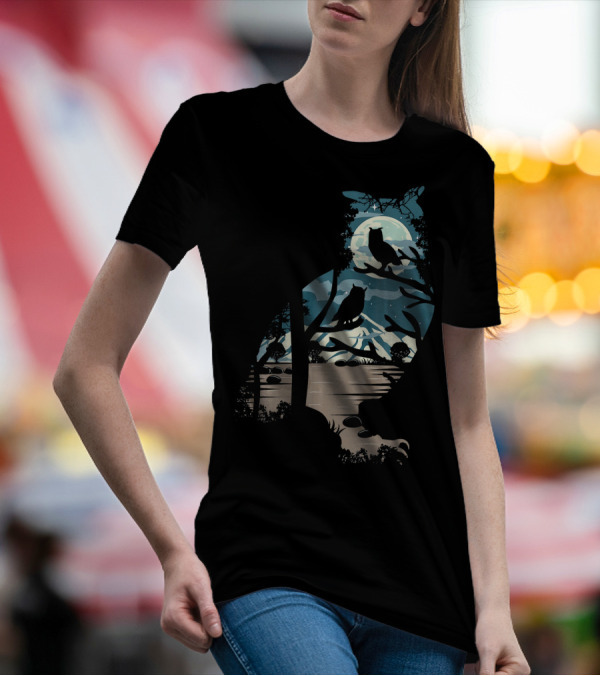 Owl Nature Mountain Moon Night Silhouette Scene T-Shirt