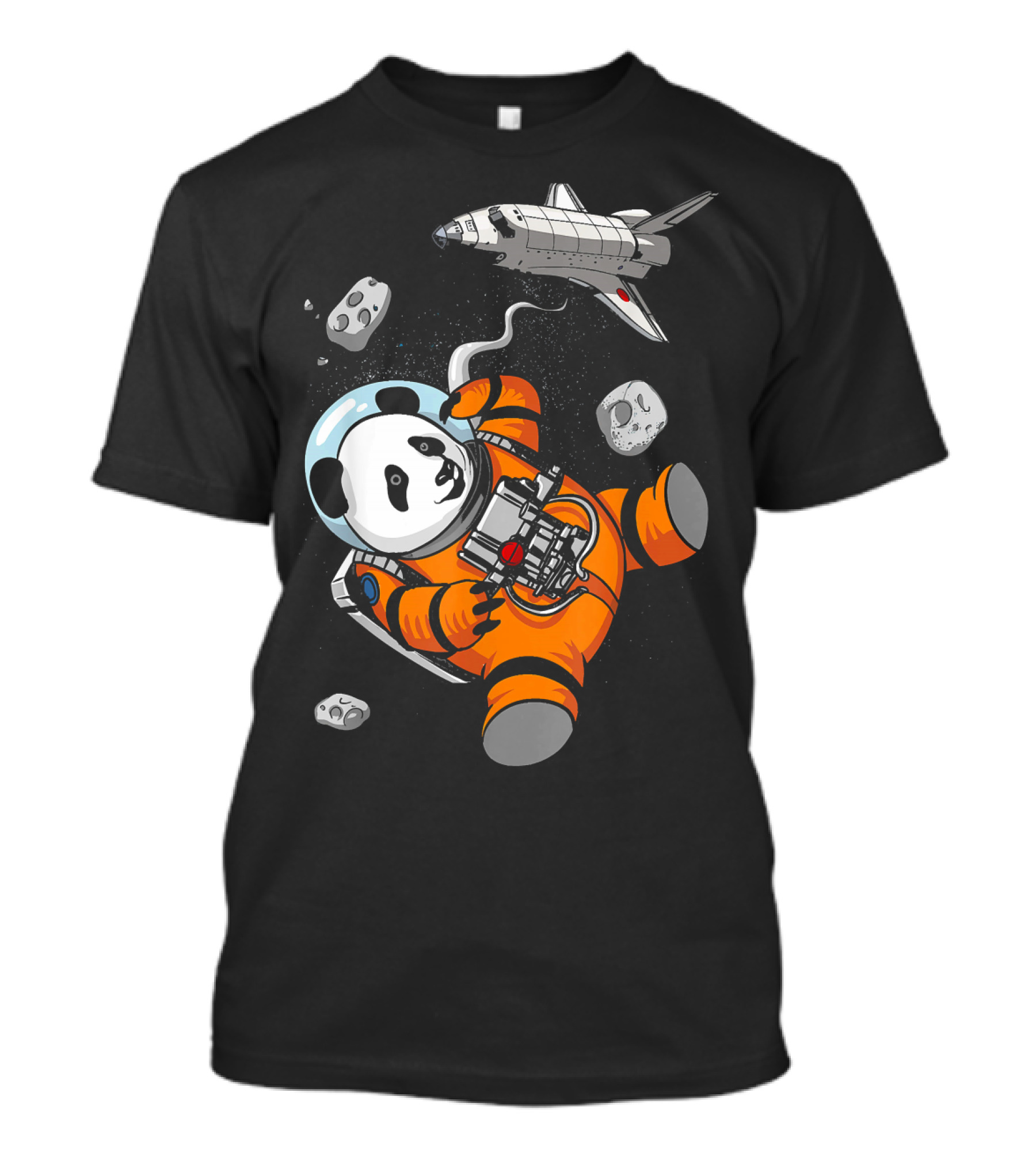 Panda Bear Astronaut In Space With Shuttle Floating Amidst Cosmic Rocks T-Shirt