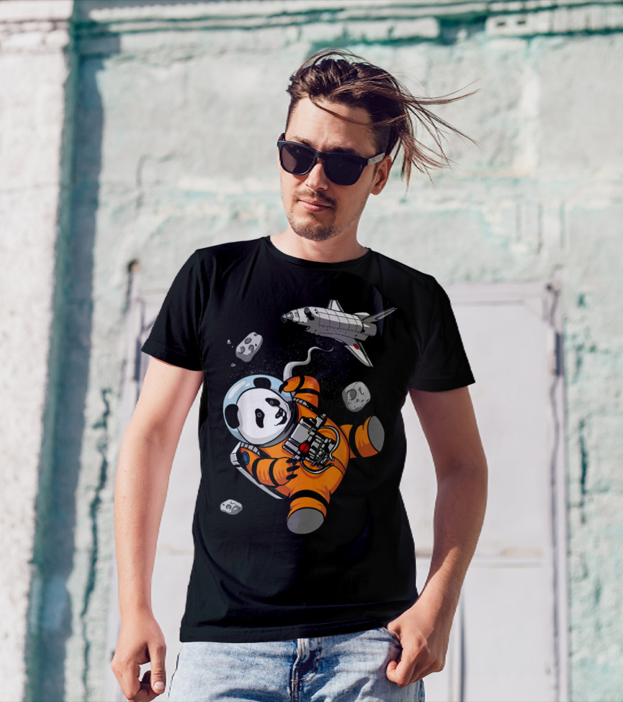 Panda Bear Astronaut In Space With Shuttle Floating Amidst Cosmic Rocks T-Shirt