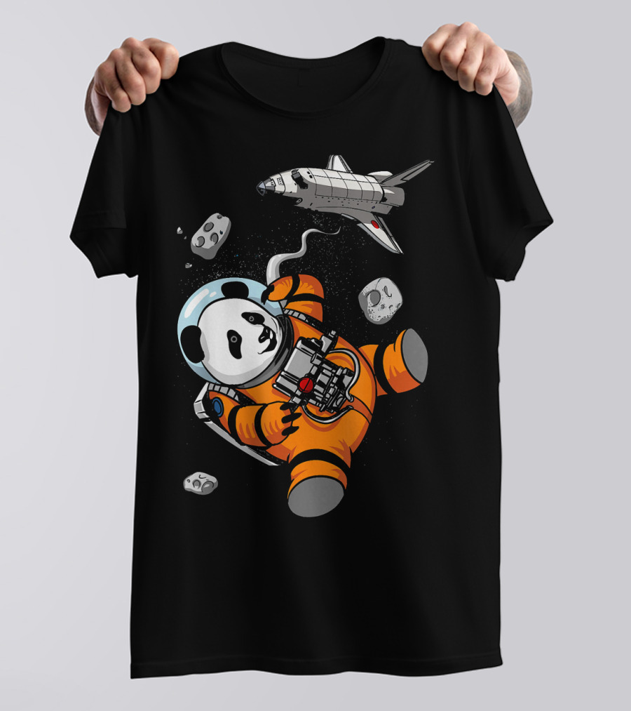 Panda Bear Astronaut In Space With Shuttle Floating Amidst Cosmic Rocks T-Shirt