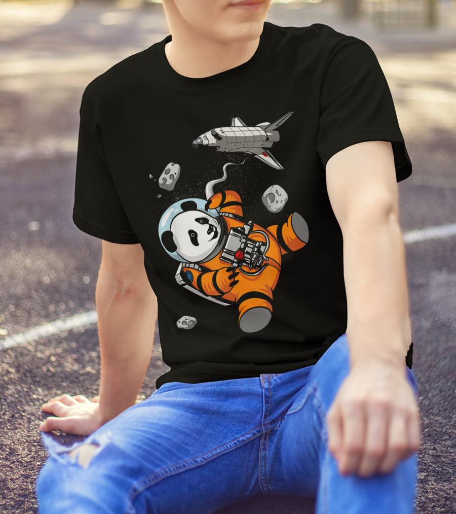 Panda Bear Astronaut In Space With Shuttle Floating Amidst Cosmic Rocks T-Shirt